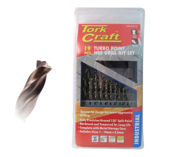 Tork Craft Drill Bit Set 19 Pieces 1-10mmx0.5mm Turbo Point